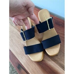 Avellino Italy Navy Blue Suede Wood Platform Block Heel‎ Sandals 39 8 3708